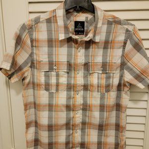 prAna Men's Short Sleeve Button Down Shirt Medium, Plaid with Texture